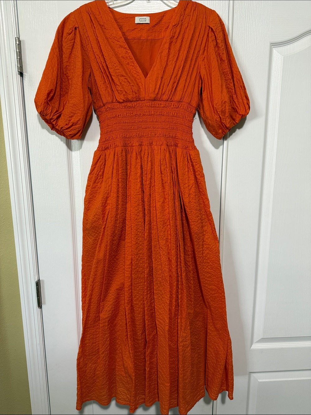 AYR Vibrant Orange V-Neck Maxi Dress with Puff Sleeves